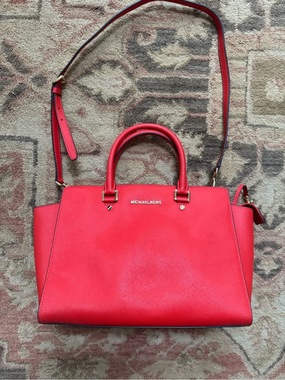 Michael Kors Red Saffiano Leather Satchel Bag with Strap